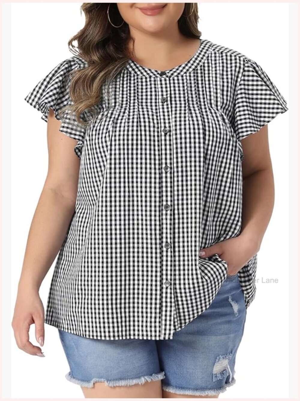 Plus Size Gingham Blouse Button Down Ruffle Sleeve 1950s Vintage Plaid Top